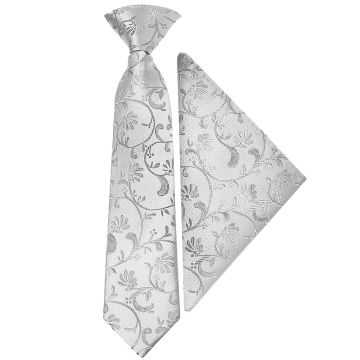 Pre Tied Silver Floral Boys Tie and Pocket Square Set Age 4-7