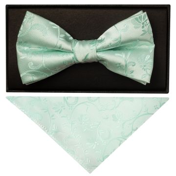 Mint Green Floral Handmade Mens Bow Tie and Pocket Square Set