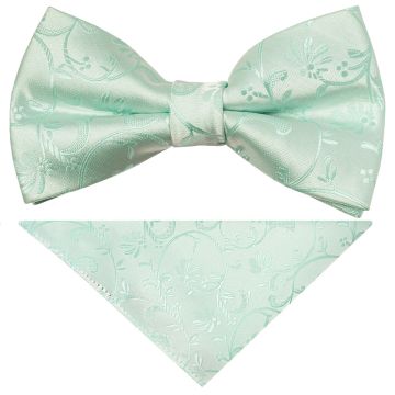 Pre Tied Mint Green Floral Boys Bow Tie and Pocket Square Set