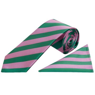 Pink and Green Striped Classic Men's Tie and Pocket Square Set
