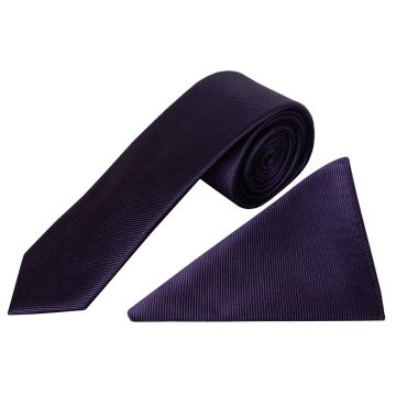 Plum Silk Twill Skinny Mens Tie and Pocket Square Set