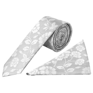 Silver with White Floral Silk Skinny Tie and Pocket Square Set