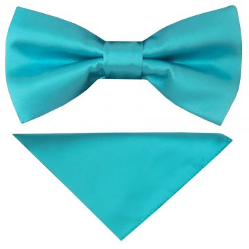 Pre Tied Turquoise Satin Boys Bow Tie and Pocket Square Set
