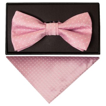 Handmade Pink And White Polka Dot Mens Bow Tie and Pocket Square Set