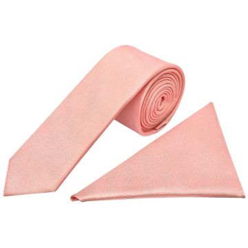 Plain Salmon Peach Silk Skinny Men's Tie and Pocket Square Set