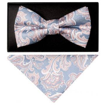 Blue and Pink Paisley Handmade Mens Bow Tie and Pocket Square Set