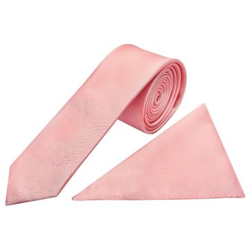 Plain Blush Rose Satin Skinny Mens Tie and Pocket Square Set