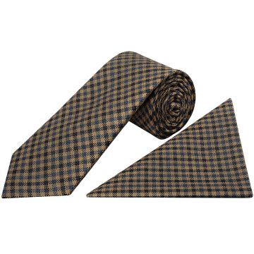 Mens Blue Gingham Classic Tie and Pocket Square Set