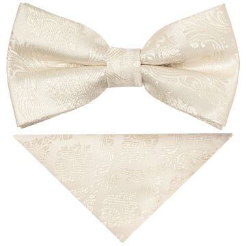 Pre Tied Ivory Paisley Boys Bow Tie and Pocket Square Set