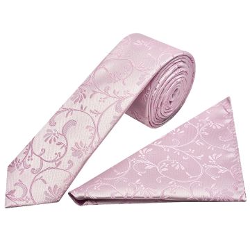 Light Dusty Pink Floral Skinny Boys Tie and Pocket Square Set