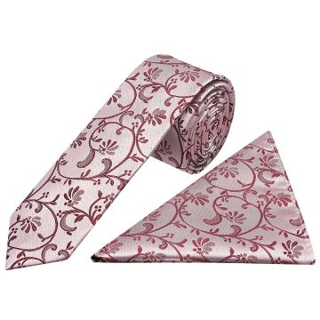 Burgundy Floral Skinny Men's Tie and Pocket Square Set