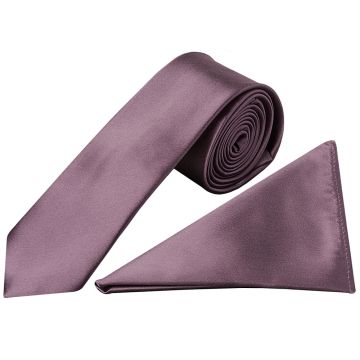 Plain Mauve Satin Skinny Men's Tie and Pocket Square Set