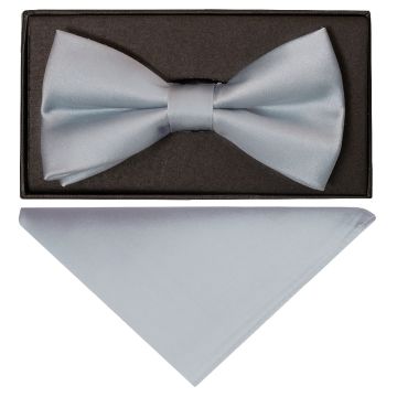 END OF SEASON STOCK Plain Light Blue Satin Silk Mens Bow Tie and Pocket Square Set