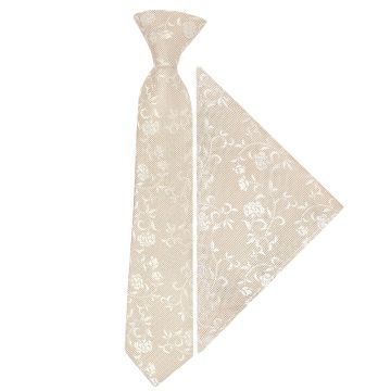 Pre Tied Champagne and White Floral Boys Tie and Pocket Square Set - Age 4-7