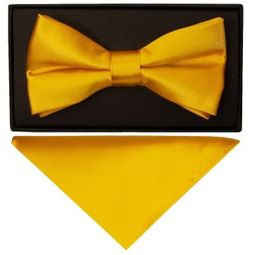 Plain Bright Yellow Hand Made Mens Bow Tie and Pocket Square Set