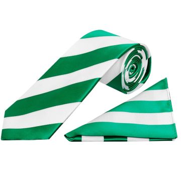 Green and White Striped Classic Men's Football Tie and Pocket Square Set
