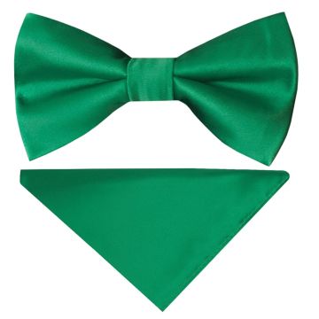 Pre Tied Emerald Green Satin Boys Bow Tie and Pocket Square Set