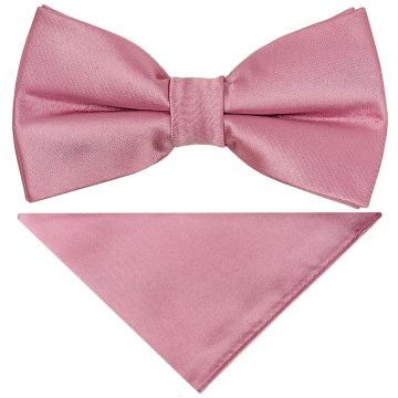 Pre Tied Dusty Pink Satin Boys Bow Tie and Pocket Square Set Age 8-11