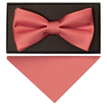 Plain Light Coral Satin Silk Mens Bow Tie and Pocket Square Set