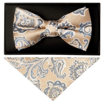 Champagne and Blue Paisley Handmade Mens Bow Tie and Pocket Square Set