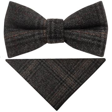 Pre Tied Dark Grey Check Tweed Boys Bow Tie and Pocket Square Set