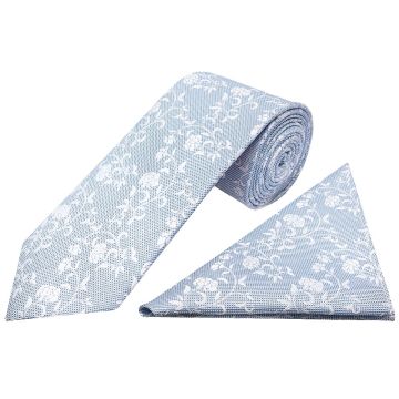 Sky Blue and White Floral Classic Men's Tie Pocket Square Set