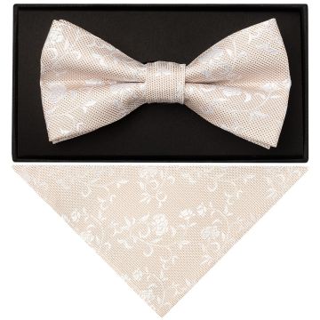 Champagne and White Floral Handmade Mens Bow Tie and Pocket Square Set