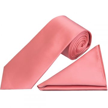 Plain Light Coral Pink Satin Classic Men's Tie and Pocket Square Set