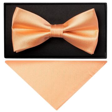 Plain Peach Satin Silk Mens Bow Tie and Pocket Square Set