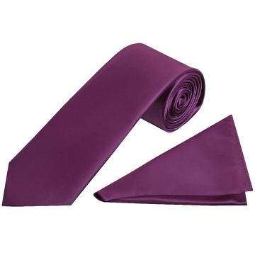 Plain Plum Satin Classic Men's Tie and Pocket Square Set