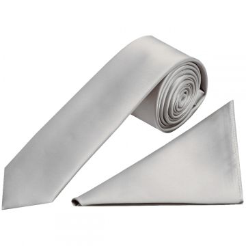 Plain Silver Satin Skinny Men's Tie and Pocket Square Set