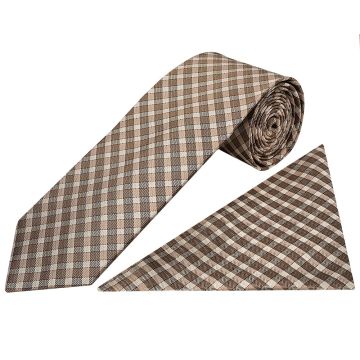 Brown Check Silk Mens Classic Tie and Pocket Square Set