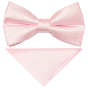 Pre Tied Plain Baby Pink Satin Boys Bow Tie and Pocket Square Set