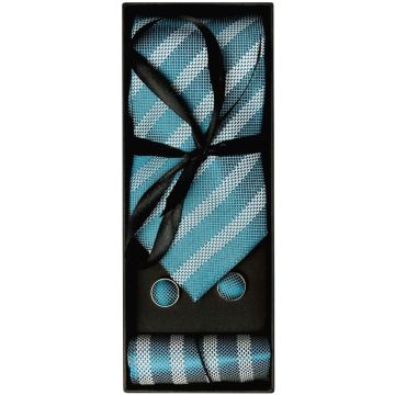 Mens Teal Textured Stripe Silk Classic Tie Pocket Square and Cufflinks Box Set