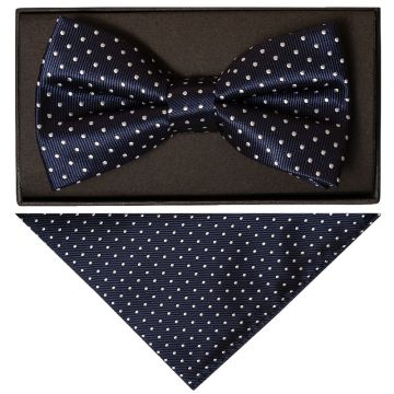 Navy Blue And White Polka Dot Mens Bow Tie and Pocket Square Set