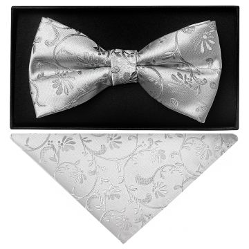Silver Floral Handmade Mens Bow Tie and Pocket Square Set