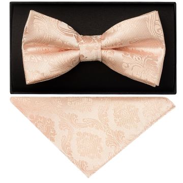 Light Peach Paisley Mens Bow Tie and Pocket Square Set
