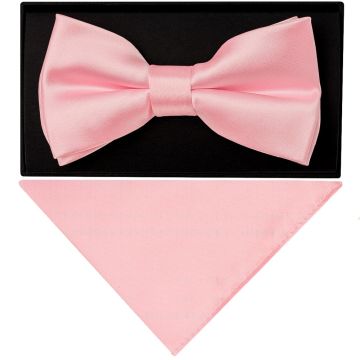 Plain Pink Hand Made Mens Bow Tie and Pocket Square Set