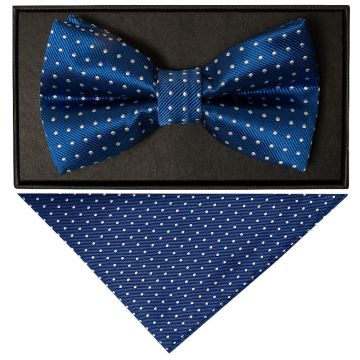 Handmade Blue And White Polka Dot Mens Bow Tie and Pocket Square Set