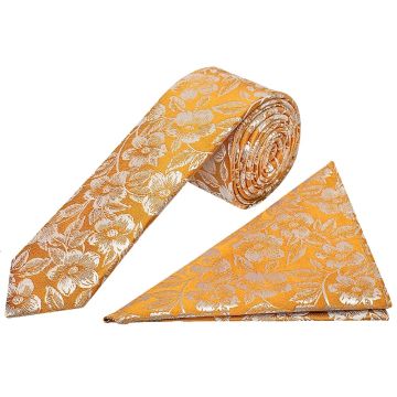 Mens Gold Floral Silk Skinny Tie and Pocket Square