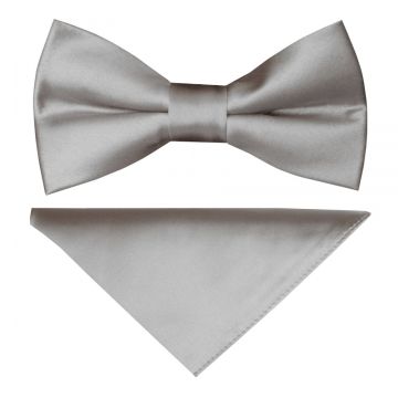 Pre Tied Silver Satin Boys Bow Tie and Pocket Square Set Age 4-7