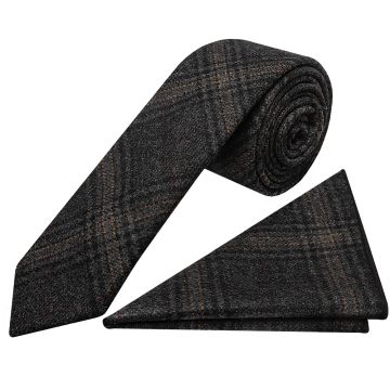 Dark Grey Check Tweed Skinny Men's Tie and Pocket Square