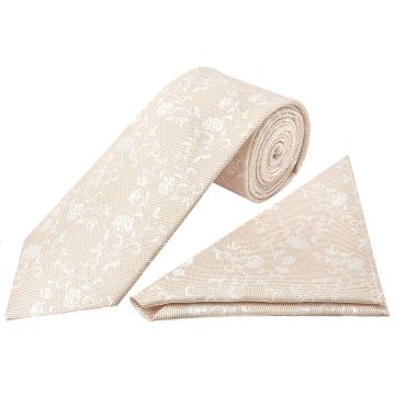 Champagne and White Floral Classic Men's Tie Pocket Square Set
