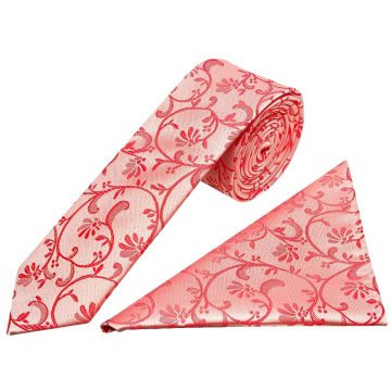 Coral Pink Floral Skinny Men's Tie and Pocket Square Set