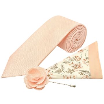 Classic Peach Mens Tie with Pocket Square and Lapel Pin Set