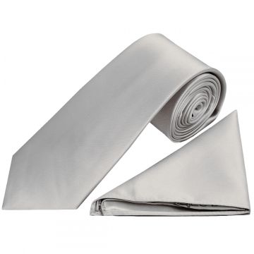 Plain Silver Satin Classic Men's Tie and Pocket Square Set