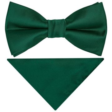 Pre Tied Bottle Green Satin Boys Bow Tie and Pocket Square Set