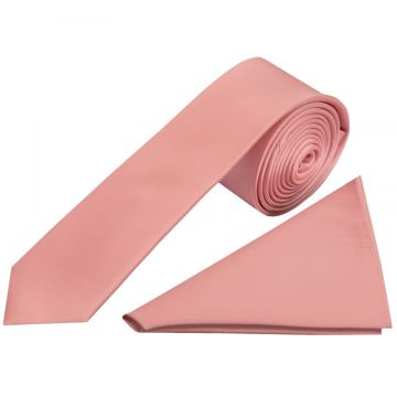 Plain Pink Satin Silk Skinny Men's Tie and Pocket Square Set