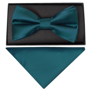 Plain Dark Teal Handmade Mens Bow Tie and Pocket Square Set