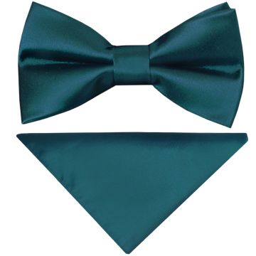 Pre Tied Dark Teal Satin Boys Bow Tie and Pocket Square Set
